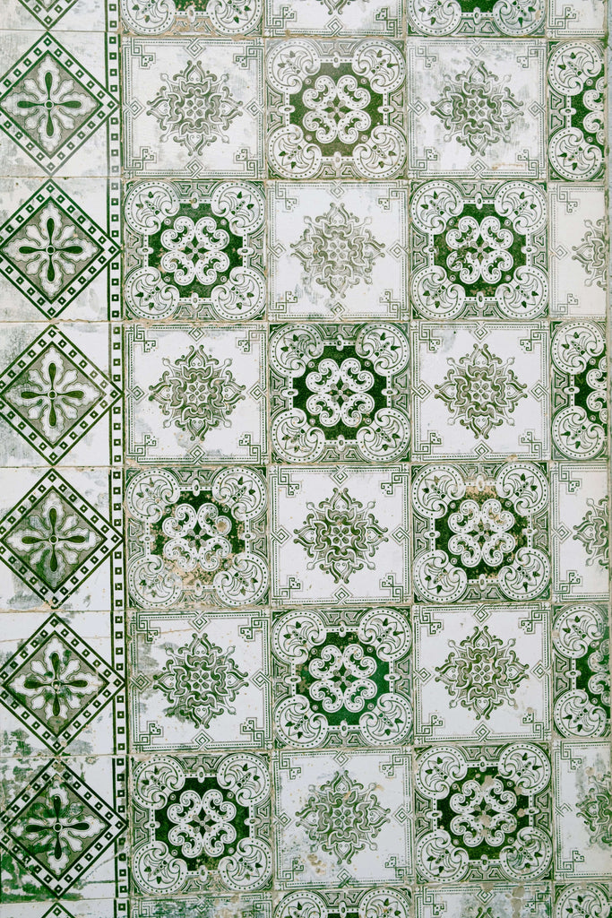 Green backdrop for photography projects. Old vintage tiles. 