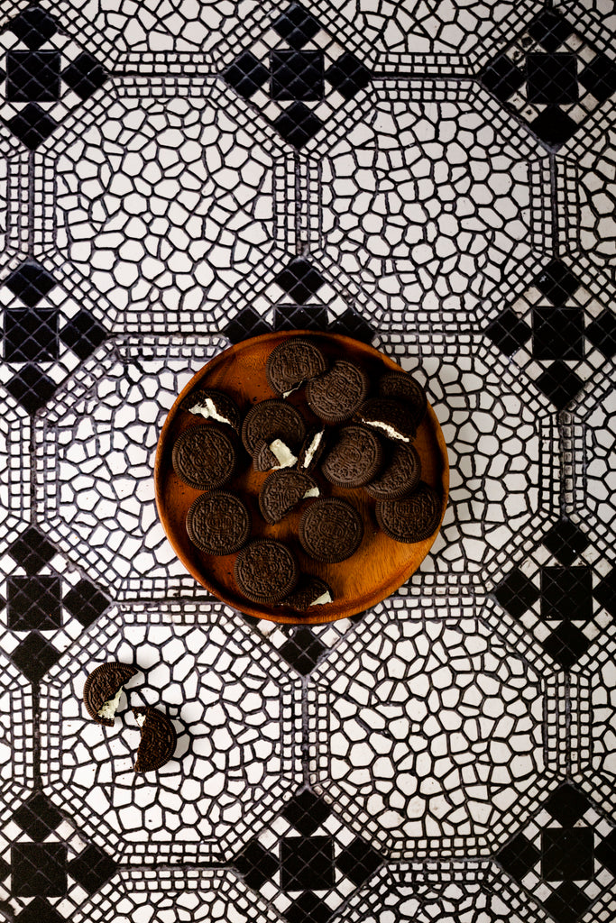 Black and white tiled backdrop,  background photography food flatlay