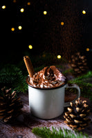Backdrop for food photography wooden table for Christmas with lights and coffee decorated